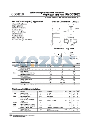 KMOC3082 datasheet - ZERO CROSSING OPTOISOLATORS TRIAC DRIVER OUTPUT (600V VOLTS PEAK)