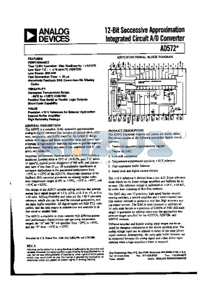 AD572S datasheet - 12-BIT SUCCESSIVE APPROXIMATION INTEGRATED CIRCUIT A/D CONVERTER