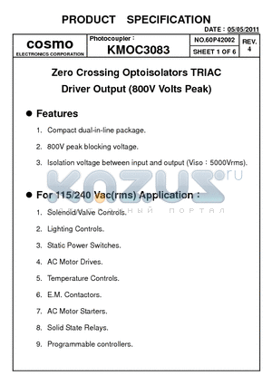 KMOC3083_11 datasheet - Zero Crossing Optoisolators TRIAC