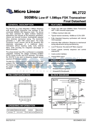 DS2722-F-05 datasheet - 900MHz Low-IF 1.5Mbps FSK Transceiver Final Datasheet