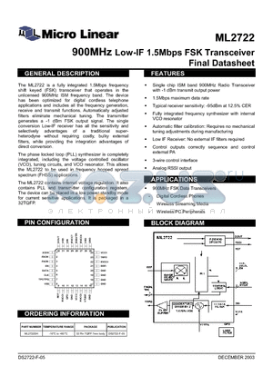 DS2722-F-03 datasheet - 900MHz Low-IF 1.5Mbps FSK Transceiver Final Datasheet