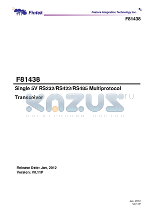 F81438 datasheet - Single 5V RS232/RS422/RS485 Multiprotocol