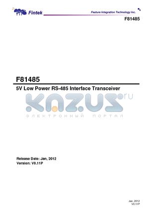 F81485 datasheet - 5V Low Power RS-485 Interface Transceiver