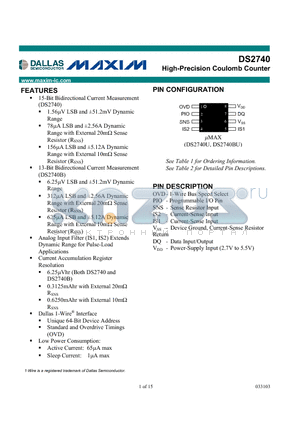 DS2740BU datasheet - High-Precision Coulomb Counter