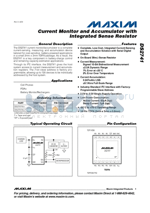 DS2741 datasheet - Current Monitor and Accumulator with Integrated Sense Resistor