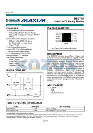 DS2745 datasheet - Low-Cost I2C Battery Monitor