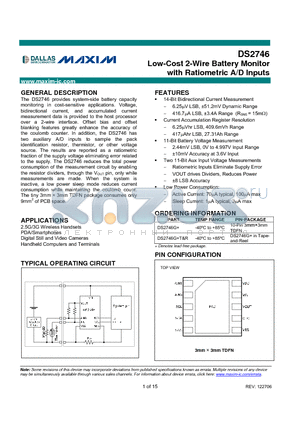 DS2746 datasheet - Low-Cost 2-Wire Battery Monitor with Ratiometric A/D Inputs
