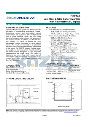 DS2746 datasheet - Low-Cost 2-Wire Battery Monitor with Ratiometric A/D Inputs