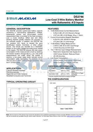 DS2746G+ datasheet - Low-Cost 2-Wire Battery Monitor with Ratiometric A/D Inputs