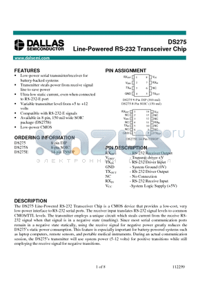 DS275 datasheet - Line-Powered RS-232 Transceiver Chip