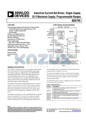 AD5749 datasheet - Industrial Current Out Driver, Single-Supply, 55 V Maximum Supply, Programmable Ranges