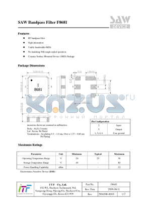 F8681 datasheet - SAW Bandpass Filter