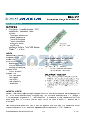 DS2751K datasheet - Battery Fuel Gauge Evaluation Kit