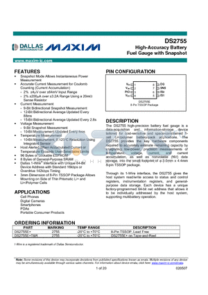 DS2755 datasheet - High-Accuracy Battery Fuel Gauge with Snapshot
