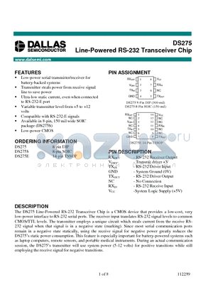 DS275E datasheet - Line-Powered RS-232 Transceiver Chip