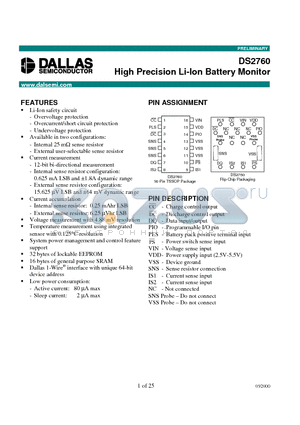 DS2760 datasheet - High Precision Li-Ion Battery Monitor