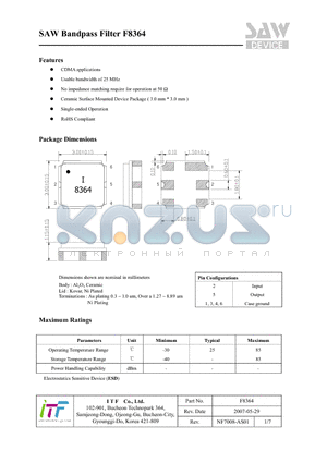 F8364 datasheet - SAW Bandpass Filter