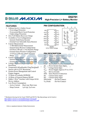 DS2761AX-025 datasheet - High-Precision Li Battery Monitor