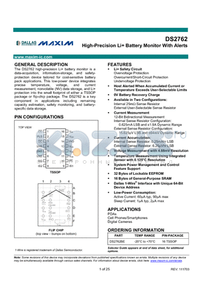 DS2762AE/TR datasheet - High-Precision Li Battery Monitor With Alerts