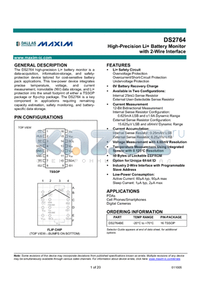 DS2764AE/R datasheet - High-Precision Li Battery Monitor with 2-Wire Interface