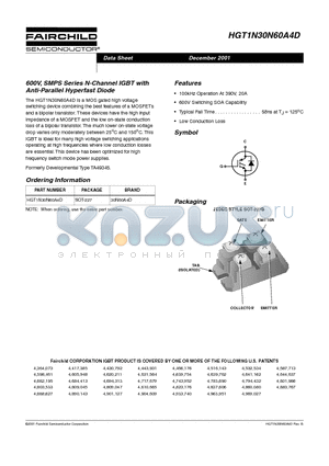 HGT1N30N60A4D datasheet - 600V, SMPS Series N-Channel IGBT with Anti-Parallel Hyperfast Diode