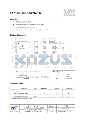 F9124 datasheet - SAW Bandpass Filter 912MHz