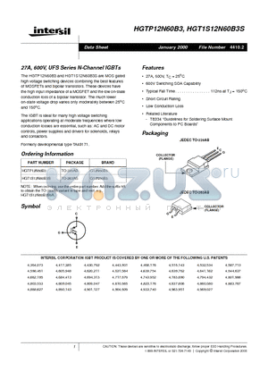 HGT1S12N60B3S datasheet - 27A, 600V, UFS Series N-Channel IGBTs