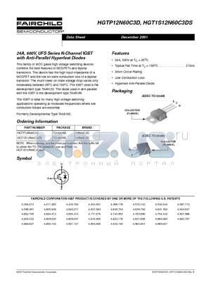 HGT1S12N60C3DS datasheet - 24A, 600V, UFS Series N-Channel IGBT with Anti-Parallel Hyperfast Diodes