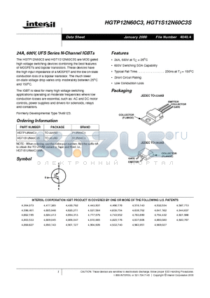 HGT1S12N60C3S datasheet - 24A, 600V, UFS Series N-Channel IGBTs