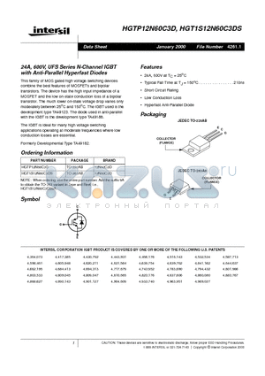 HGT1S12N60C3DS datasheet - 24A, 600V, UFS Series N-Channel IGBT with Anti-Parallel Hyperfast Diodes