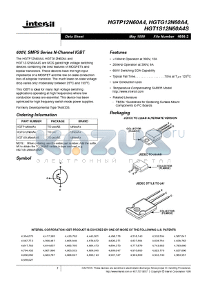 HGT1S12N60A4S datasheet - 600V, SMPS Series N-Channel IGBT