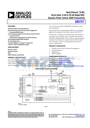 AD5757 datasheet - Quad Channel, 16-Bit,Serial Input, 4 mA to 20 mA Output DAC, Dynamic Power Control