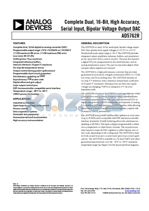 AD5762RCSUZ datasheet - Complete Dual, 16-Bit, High Accuracy, Serial Input, Bipolar Voltage Output DAC