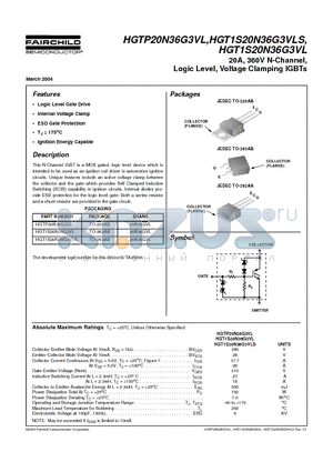 HGT1S20N36G3VL datasheet - 20A, 360V N-Channel, Logic Level, Voltage Clamping IGBTs