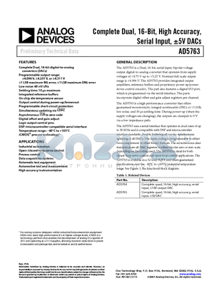 AD5763 datasheet - Complete Dual, 16-Bit, High Accuracy, Serial Input, a5V DACs