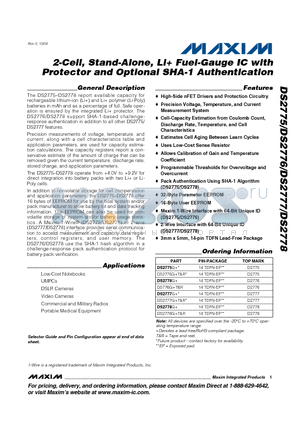 DS2775G+ datasheet - 2-Cell, Stand-Alone, Li Fuel-Gauge IC with Protector and Optional SHA-1 Authentication