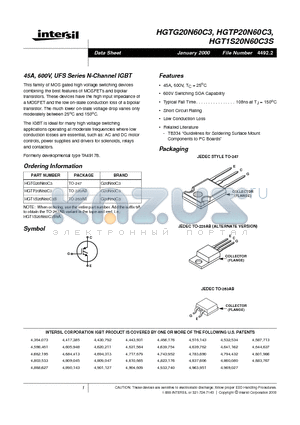 HGT1S20N60C3S datasheet - 45A, 600V, UFS Series N-Channel IGBT