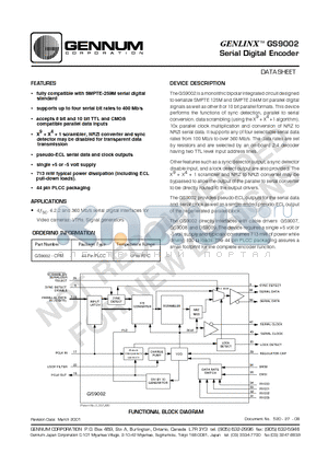GS9002 datasheet - GENLINXTM GS9002 Serial Digital Encoder