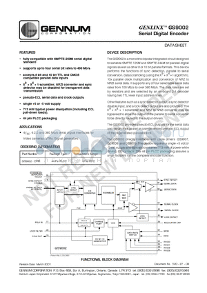 GS9002-CPM datasheet - GENLINXTM GS9002 Serial Digital Encoder