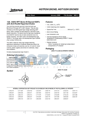 HGT1S2N120CNDS datasheet - 13A, 1200V, NPT Series N-Channel IGBTs with Anti-Parallel Hyperfast Diodes