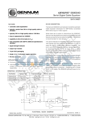 GS9004DCTB datasheet - GENLINX-TM GS9004D Serial Digital Cable Equalizer