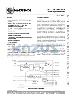 GS9002ACPME3 datasheet - GENLINX-TM GS9002A Serial Digital Encoder