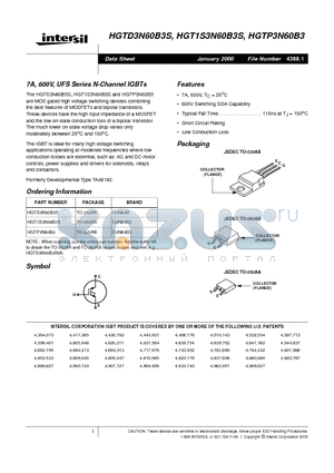 HGT1S3N60B3S datasheet - 7A, 600V, UFS Series N-Channel IGBTs