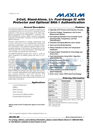 DS2777 datasheet - 2-Cell, Stand-Alone, Li Fuel-Gauge IC with Protector and Optional SHA-1 Authentication