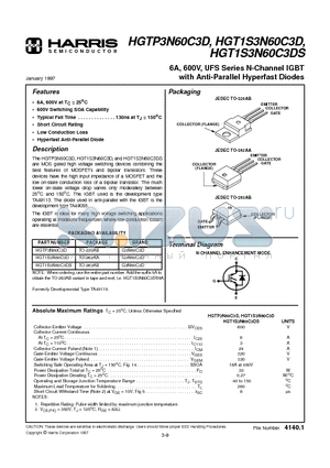 HGT1S3N60C3DS datasheet - 6A, 600V, UFS Series N-Channel IGBT with Anti-Parallel Hyperfast Diodes