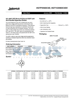 HGT1S3N60C3DS datasheet - 6A, 600V, UFS Series N-Channel IGBT with Anti-Parallel Hyperfast Diodes