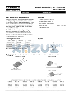 HGT1S7N60A4S9A datasheet - 600V, SMPS Series N-Channel IGBT