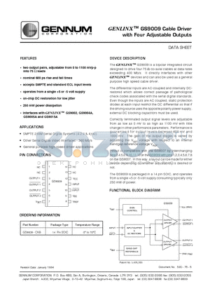 GS9009 datasheet - GS9009 CABLE DRIVER WITH FOUR ADJUSTABLE OUTPUTS