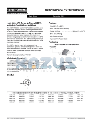 HGT1S7N60B3DS datasheet - 14A, 600V, UFS Series N-Channel IGBTs with Anti-Parallel Hyperfast Diode