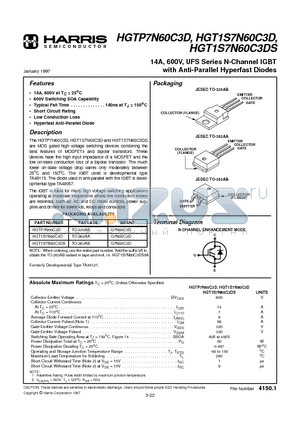 HGT1S7N60C3D datasheet - 14A, 600V, UFS Series N-Channel IGBT with Anti-Parallel Hyperfast Diodes